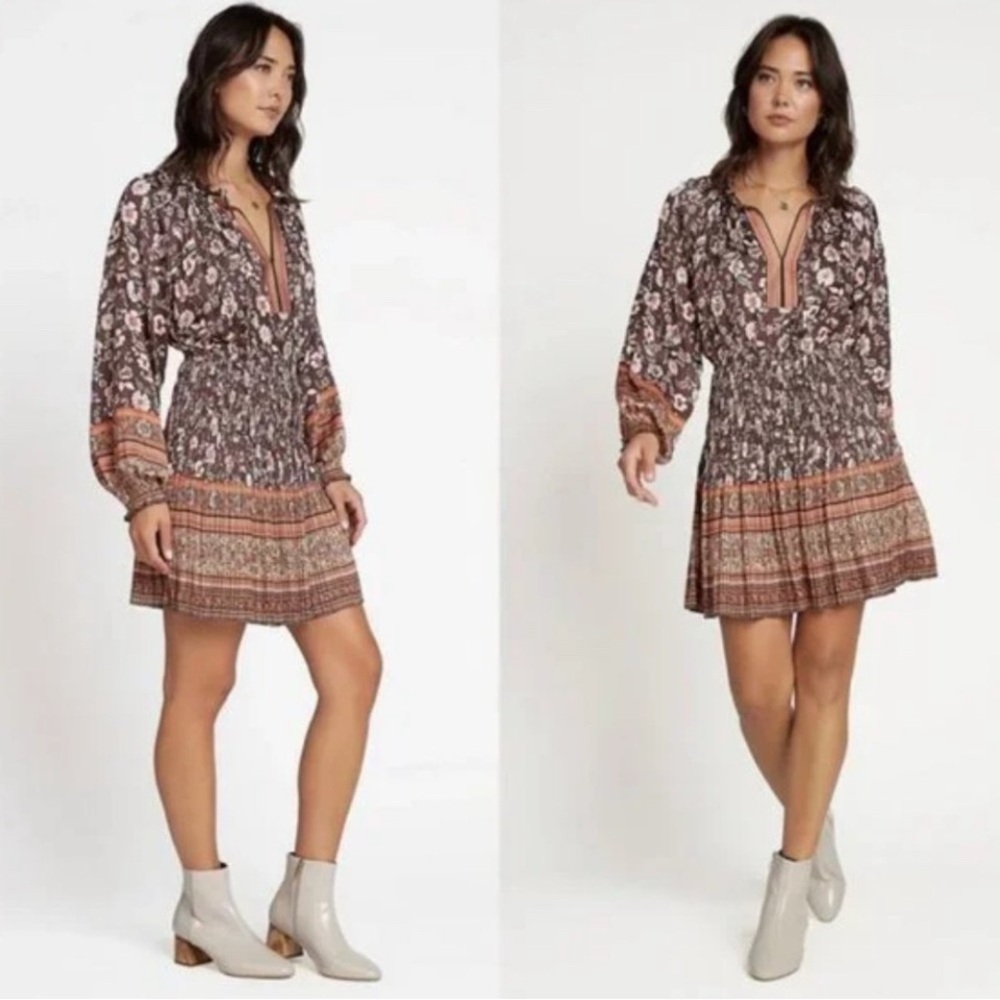 Current Air Floral Boho Mini Dress - Brown and Pink